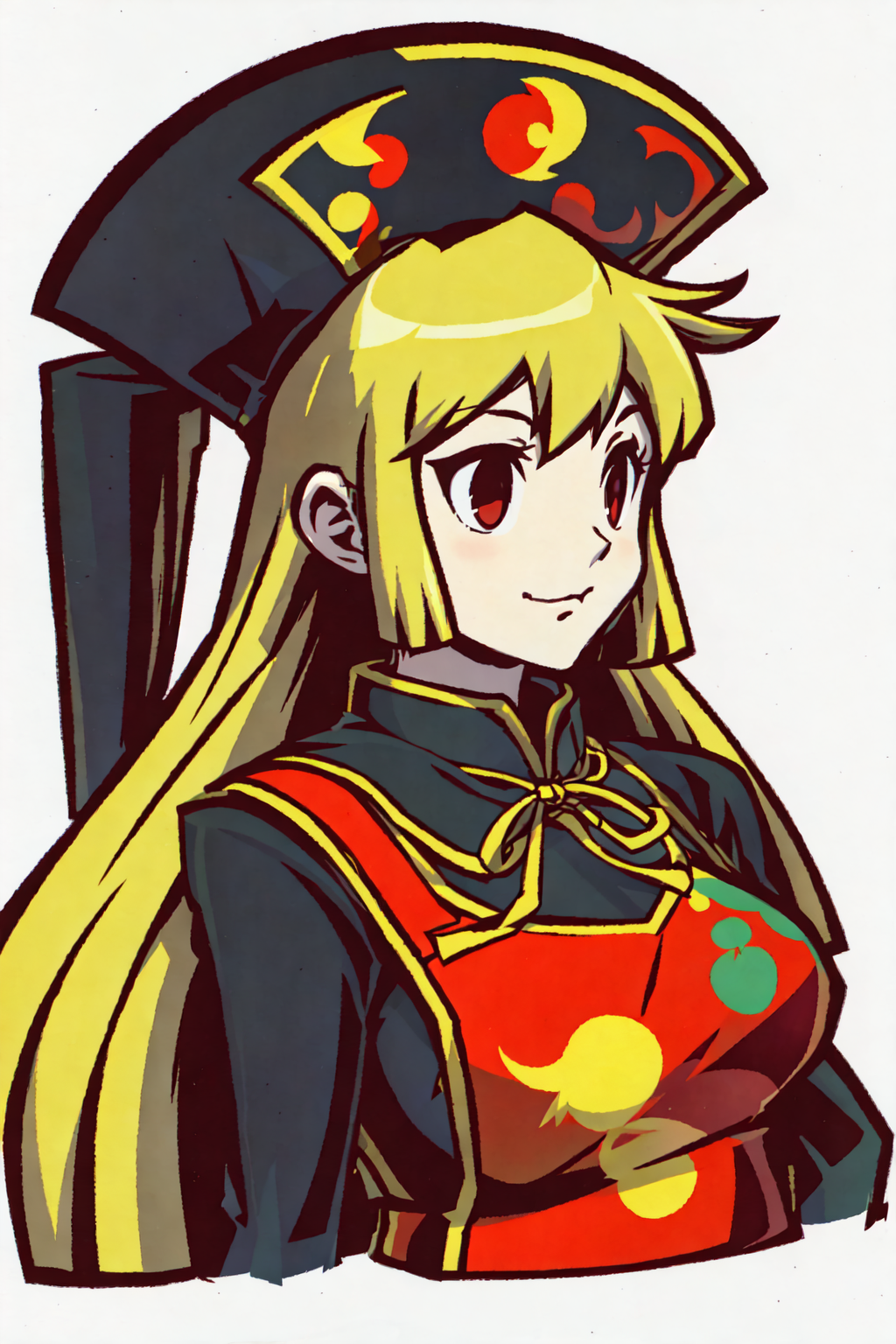 01329-1259483969-junko, long hair, blonde hair, red eyes, black headwear, black dress, long sleeves, tabard,1girl,solo,upper_body,portrait,gttk,b.png